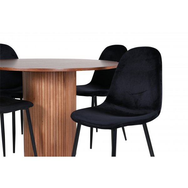 Bianca Spisesett rundt spisebord i valnøtt med 4 Polar sorte stoler Bianca Spisesett rundt spisebord i valnøtt med 4 Polar sorte stoler