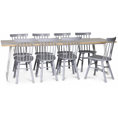 Edge spisegruppe; Spisebord i hvit HPL 240x90 cm med 8 gr Orust stokkstoler