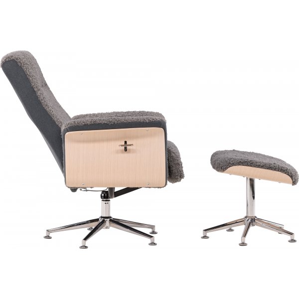 Lenestol med fotskammel - Grå saueskinnsimitasjon/hvitkalket eik Lenestol med fotskammel - Grå saueskinnsimitasjon/hvitkalket eik