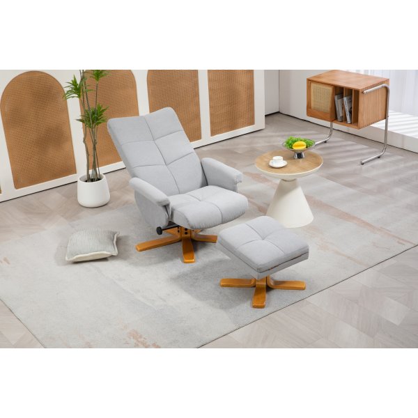 Duva justerbar lenestol inkl. fotskammel med oppbevaring - Grå stoff med treben Duva justerbar lenestol inkl. fotskammel med oppbevaring - Grå stoff med treben