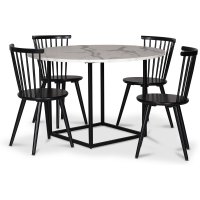 Sintorp spisegruppe, rundt spisebord Ø115 cm inkludert 4 stk. svarte Castor pinnestoler – hvit marmor (laminat)