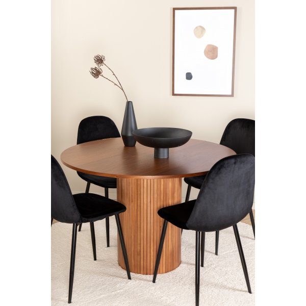 Bianca Spisesett rundt spisebord i valnøtt med 4 Polar sorte stoler Bianca Spisesett rundt spisebord i valnøtt med 4 Polar sorte stoler