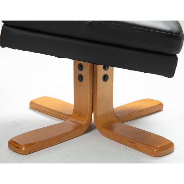 Duva hvilestol med fotskammel i sort PU med brune ben