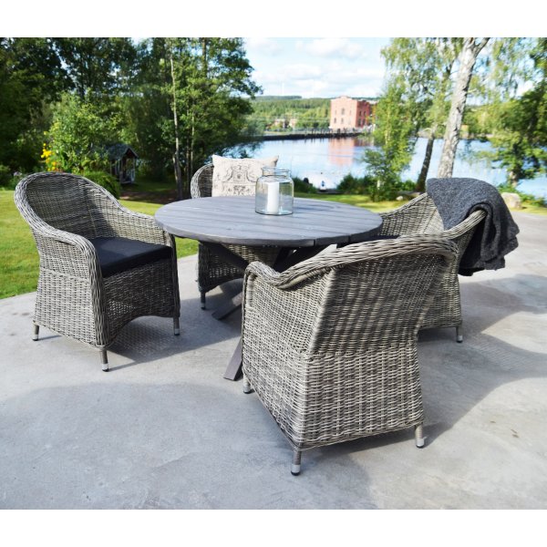 Spisegruppe Mercury: Scottsdale rundt bord med 4 stk. Mercury lenestoler - Sement + Flekkfjerner for møbler Spisegruppe Mercury: Scottsdale rundt bord med 4 stk. Mercury lenestoler - Sement + Flekkfjerner for møbler