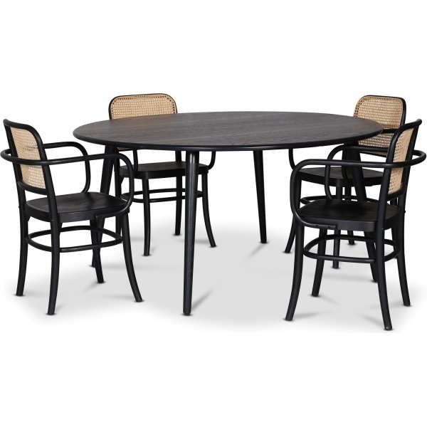 Omni spisegruppe, rundt spisebord 130 cm inkludert 4 stk. svarte Nemis karmstoler - Svartbeiset eik