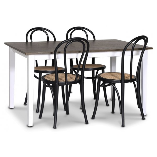 Skagen spisegruppe; spisebord 140 cm - Hvit / brunbeiset eik med 4 stk Danderyd No.18 spisestoler Svart