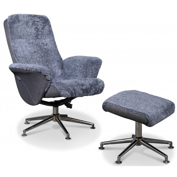 Times lenestol med fotskammel (Recliner) - Lysegrtt saueskinn