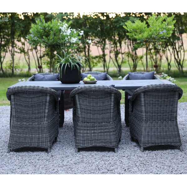 Oxford utend�rs spisegruppe: gr�tt/hvitt bord 220 cm, inkludert 6 stk. Mercury lenestoler i gr� kunstrotting