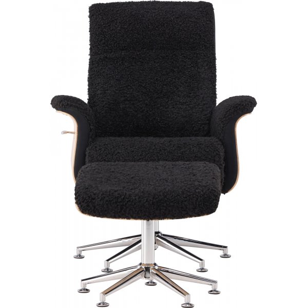 Hagön hvilestol med fotskammel - Svart saueskinnsimitasjon/oljet eik Hagön hvilestol med fotskammel - Svart saueskinnsimitasjon/oljet eik