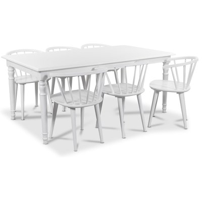 Nomi spisegruppe 180 cm bord med 6 stk hvite Dalsland Cane stoler med ramme + Flekkfjerner for mbler