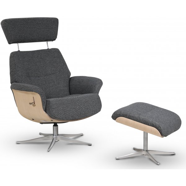 Marbck recliner- lenestol med fotskammel - Grtt tystoff / Tre