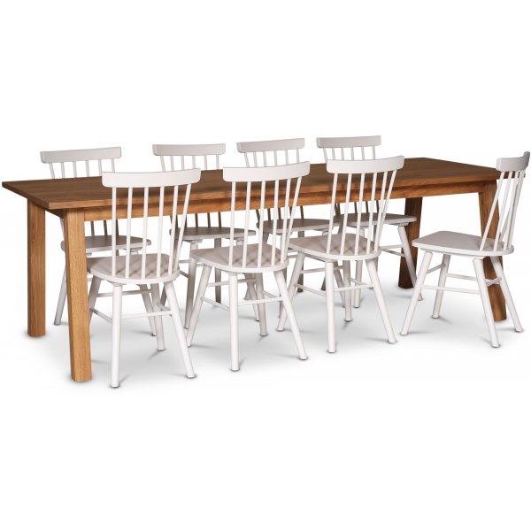Saltsj spisegruppe, 240 cm, inkludert 8 stk. hvite Orust pinnestoler - Oljet eikefiner