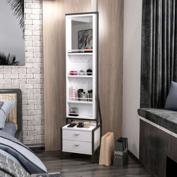 Elegant speil i full lengde med oppbevaring - Hvit + Kart med møbelpoter inkludert! Elegant speil i full lengde med oppbevaring - Hvit + Kart med møbelpoter inkludert!