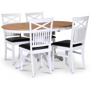Fitchburg spisegruppe; rundt spisebord 106 /141 cm - Hvit / oljet eik med 4 stk Fr stoler med kryss i ryggen, sete i svart PU