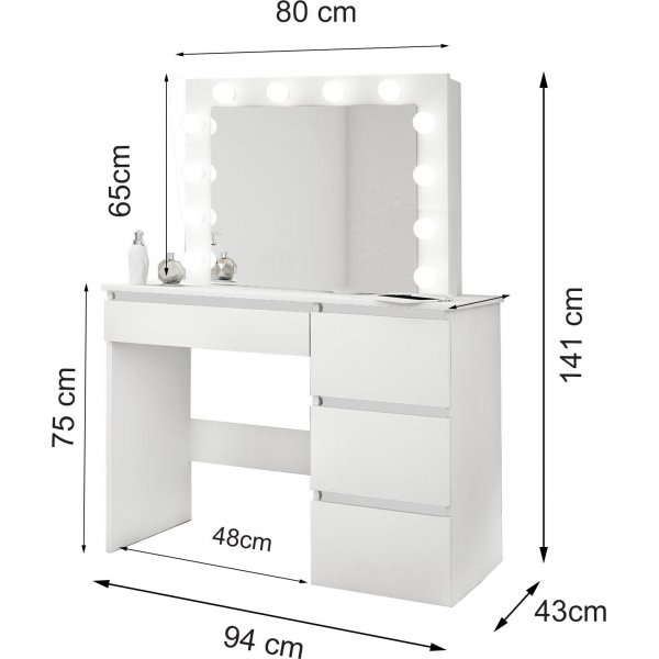Vanity hvitt toalettbord med belysning