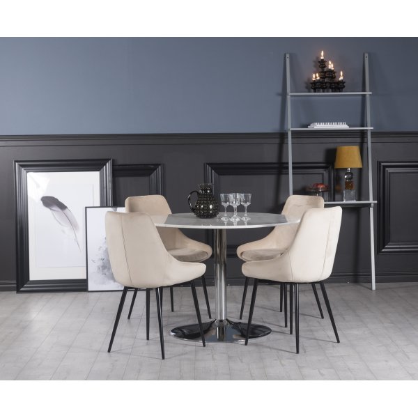 Plaza spisegruppe, marmorbord med 4 st Theo flyelstoler - Beige/Hvit/Krom