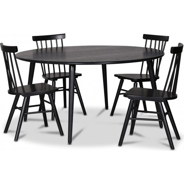 Omni spisegruppe, rundt spisebord 130 cm inkludert 4 stk. svarte Orust pinnestoler - Svartbeiset eik + 4.00 x Serviettringer