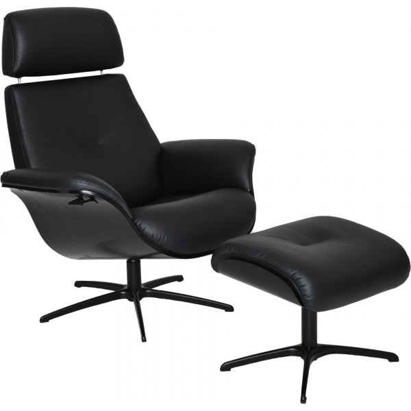 Falcon skinn lenestol med fotskammel - Sort Falcon skinn lenestol med fotskammel - Sort