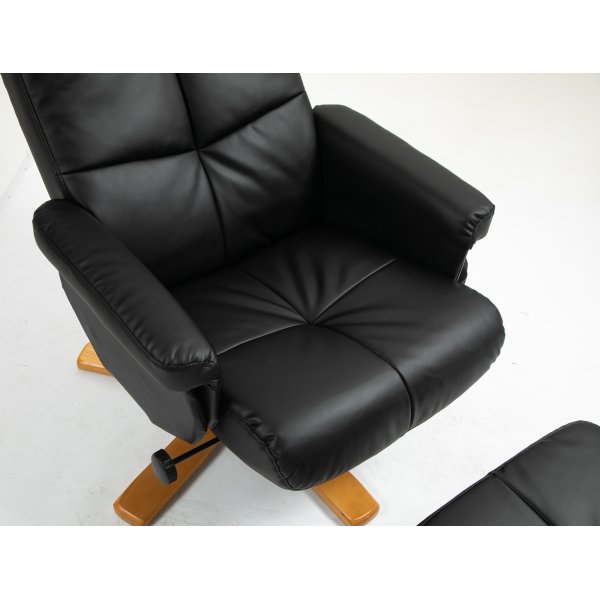 Duva hvilestol med fotskammel i sort PU med brune ben