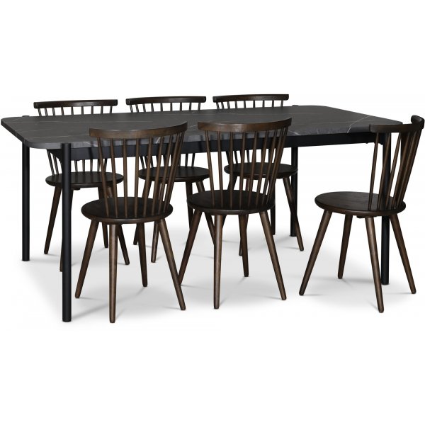 Wayne spisegruppe 180x90 cm inkl. 6 stk. Castor brune pinnestoler - Gr marmorfoliering