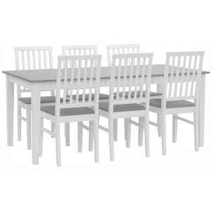 Spisegruppe: Fr spisebord 180x90 cm med 6 Fr stoler - hvit/gr + 4.00 x Mbelftter