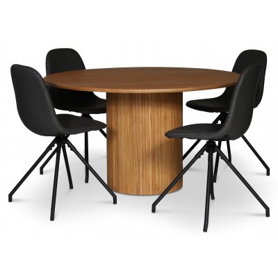 spisegruppe i Nordansjöen; rundt spisebord Ø130 cm, oljet eik + 4 stk Bridge spisestoler svingbare, svart PU