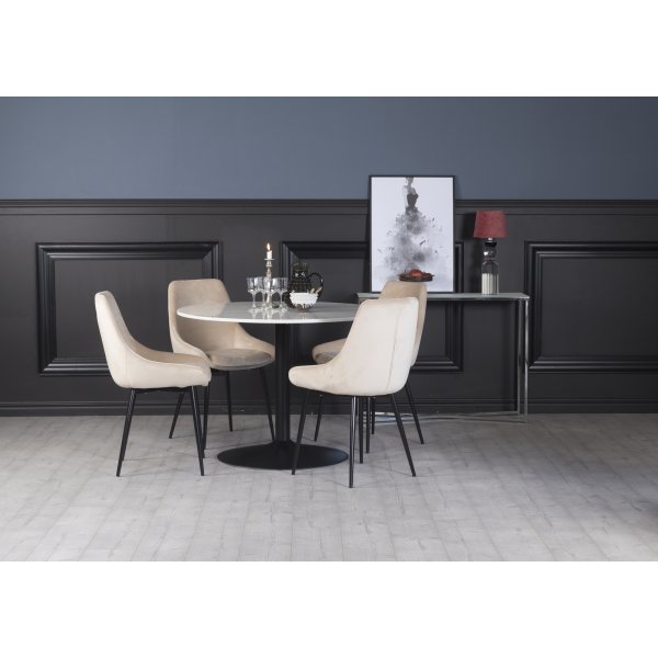 Plaza spisegruppe, marmorbord med 4 st Theo flyelstoler - Beige/Hvit/Svart
