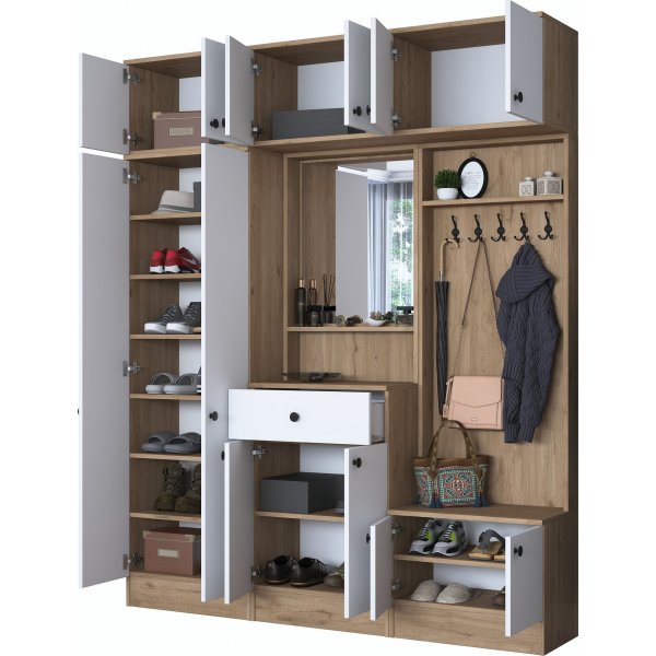 Mendy hallmbel 180 cm med overskap - Hvit/valntt