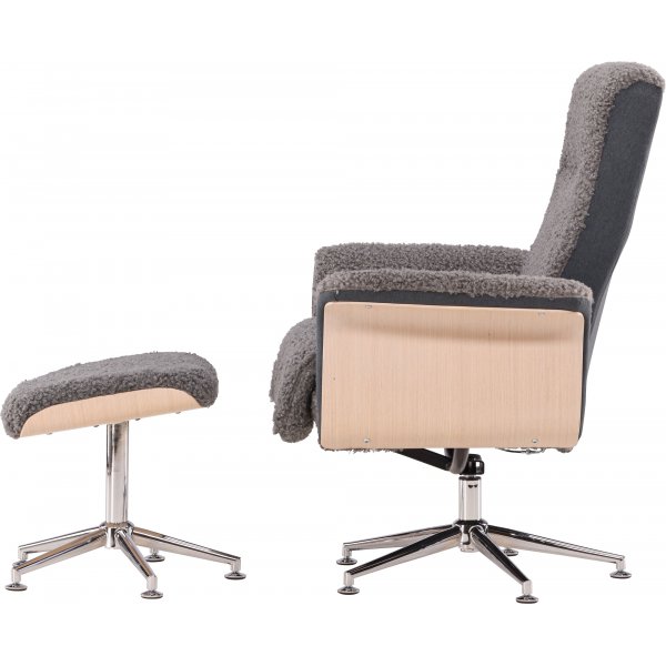 Lenestol med fotskammel - Grå saueskinnsimitasjon/hvitkalket eik Lenestol med fotskammel - Grå saueskinnsimitasjon/hvitkalket eik