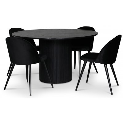spisegruppe i Nordansjen; rundt spisebord 130 cm, svartbeiset eik + 4 Alice spisestoler, Svart flyel