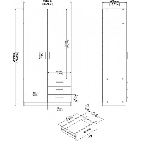 Sprintgarderobe med 2 dører og 3 skuffer - Hickory Sprintgarderobe med 2 dører og 3 skuffer - Hickory