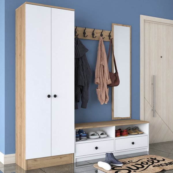 Mendy hallmøbler med speil - Hvit/valnøtt Mendy hallmøbler med speil - Hvit/valnøtt