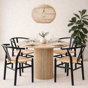 Ludvig spisebord Ø120 cm i eik med 4 Brandon lenestoler i svart med tausete Ludvig spisebord Ø120 cm i eik med 4 Brandon lenestoler i svart med tausete