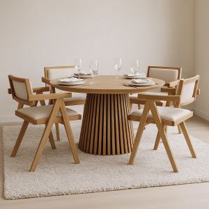 Osaka uttrekkbart spisebord 120-200 cm i eik med 4 Sara lenestoler i eik og lin Osaka uttrekkbart spisebord 120-200 cm i eik med 4 Sara lenestoler i eik og lin