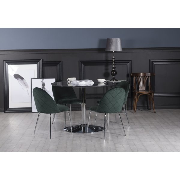 Plaza spisegruppe, marmorbord med 4 st Plaza flyelstoler - Grnn/Gr/Krom