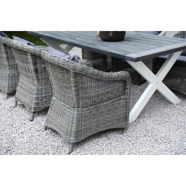 Oxford utend�rs spisegruppe: gr�tt/hvitt bord 220 cm, inkludert 6 stk. Mercury lenestoler i gr� kunstrotting