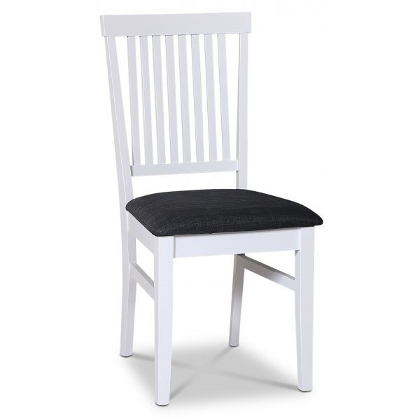 Fårö spisegruppe; spisebord 180x90 cm - Hvit / oljet eik med 6 Fårö spisestoler med ribber i ryggen, sete i grått stoff + 6.00 x Stolpute Fårö spisegruppe; spisebord 180x90 cm - Hvit / oljet eik med 6 Fårö spisestoler med ribber i ryggen, sete i grått stoff + 6.00 x Stolpute