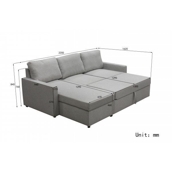 Dream divansofa med sengefunksjon og oppbevaring - lys gr