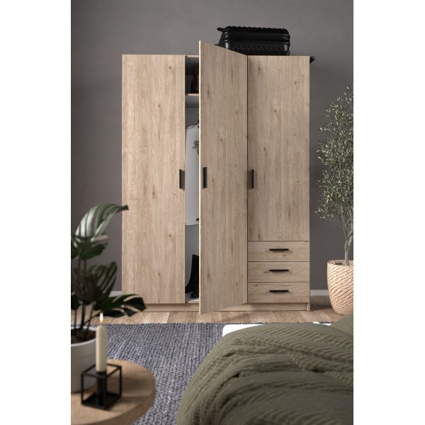 Sprint garderobe med 3 d�rer og 3 skuffer - Hickory