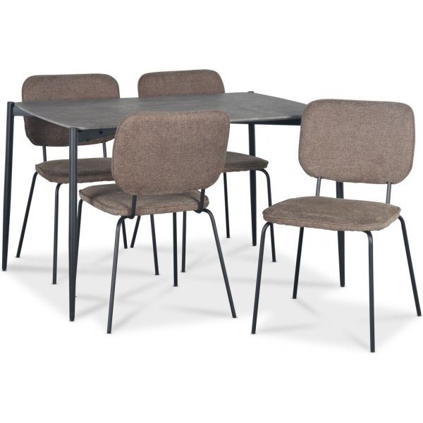 Lokrume spisegruppe med bord p 120 cm i betongimitasjon + 4 stk Lokrume brune stoler