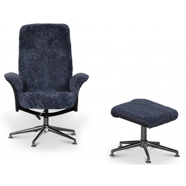 Times lenestol med fotskammel (Recliner) - Mørkegrått saueskinn Times lenestol med fotskammel (Recliner) - Mørkegrått saueskinn