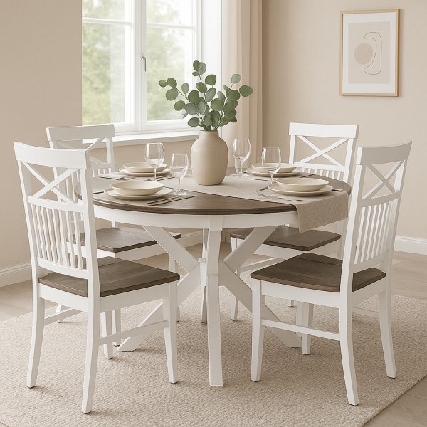 Skagen spisegruppe; rundt spisebord 120 cm - Hvit / brunoljet eik med 4 Skagenstoler (Kryss i ryggen) med brunoljet eikesete