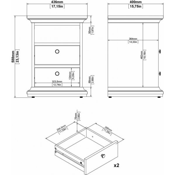 Paris smalt nattbord med 2 skuffer og 1 pent rom - Hvit