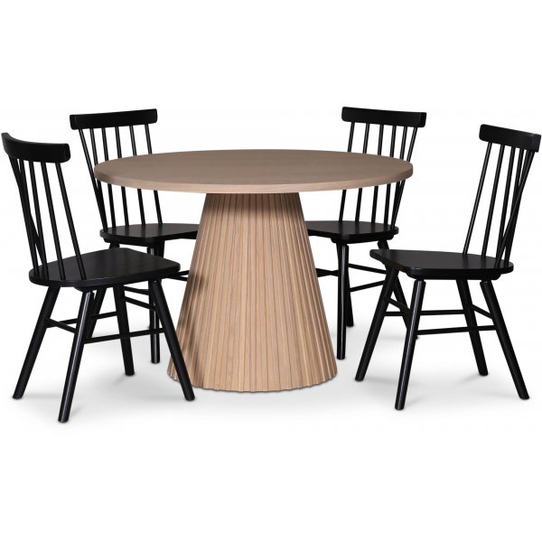 Cleo spisegruppe, rundt bord 110 cm, inkludert 4 stk. svarte Orust pinnestoler - Whitewash/eikefine