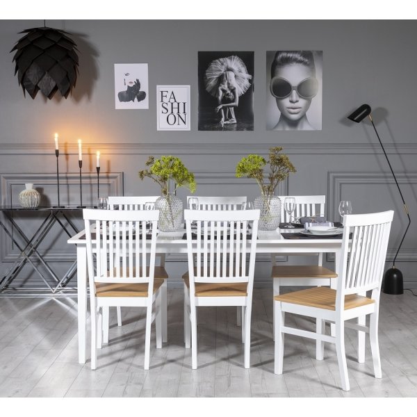 Gs spisegruppe: Bord 180 cm inkludert 6 Fr stoler - Hvit/Eik