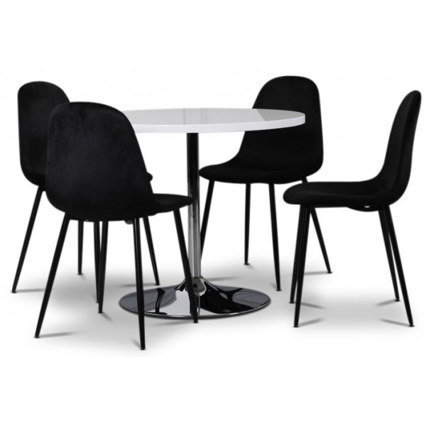 Tiana spisegruppe, rundt spisebord med 4 stk Ca.risma fløyelsstoler - Hvit/Svart Tiana spisegruppe, rundt spisebord med 4 stk Ca.risma fløyelsstoler - Hvit/Svart