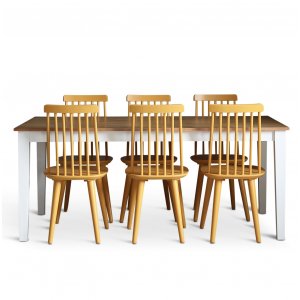 Dalsland spisegruppe: Spisebord i Eik/Hvit med 6 gule stokkstoler