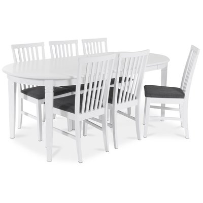 Sandhamn Food group; ovalt bord med 6 stk Sandhamn stoler i grtt stoff + Flekkfjerner for mbler