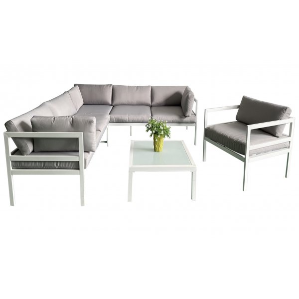 Utendørsgruppe med bord og hjørnesofa i hvit aluminium Utendørsgruppe med bord og hjørnesofa i hvit aluminium