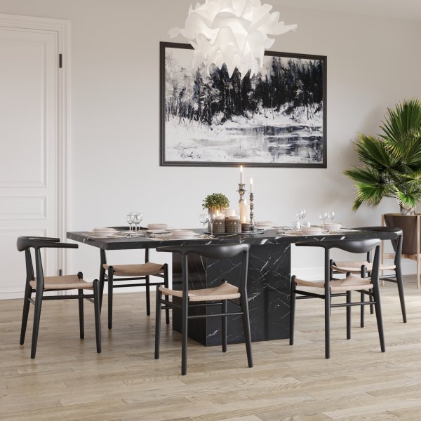 Spisegruppe Pegani marmor spisebord inkl. 6 Berit spisestol - Mørk marmor / natur repsits Spisegruppe Pegani marmor spisebord inkl. 6 Berit spisestol - Mørk marmor / natur repsits